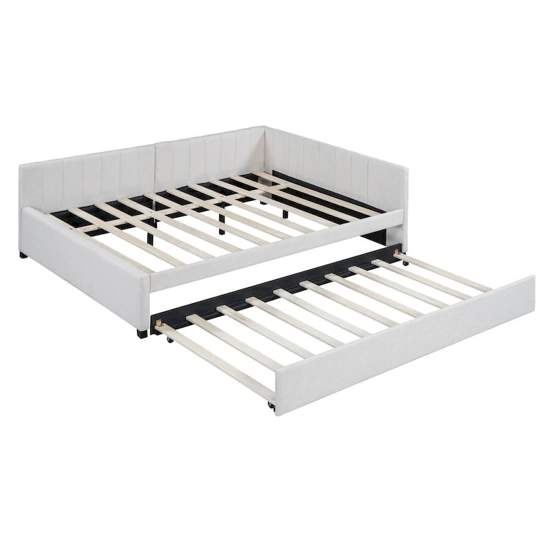 Letto da giorno imbottito Full Size con divano letto estraibile, senza bisogno di rete a molle, tessuto in lino, beige