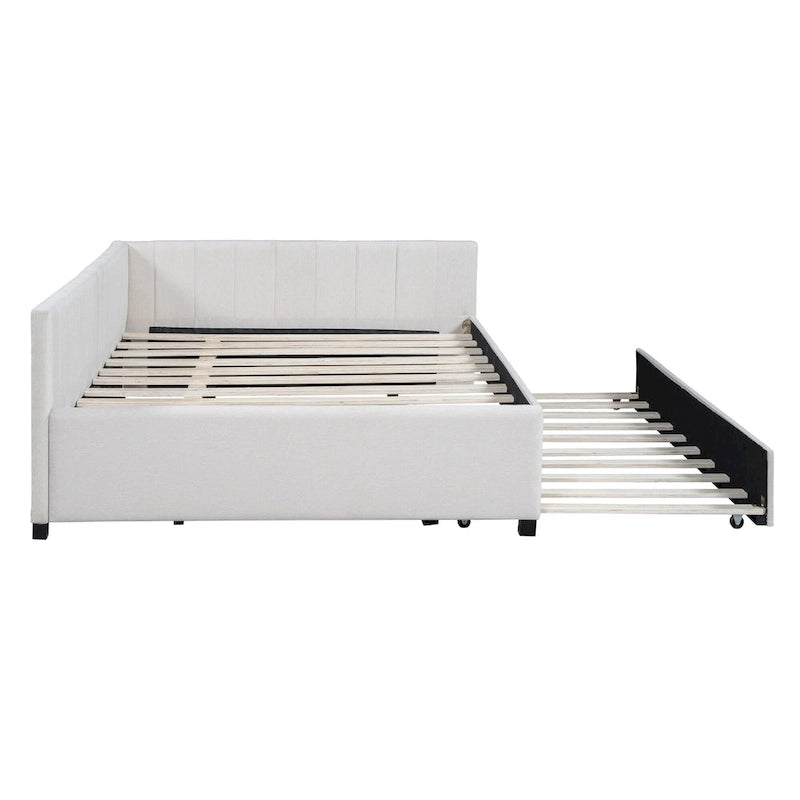 Letto da giorno imbottito Full Size con divano letto estraibile, senza bisogno di rete a molle, tessuto in lino, beige