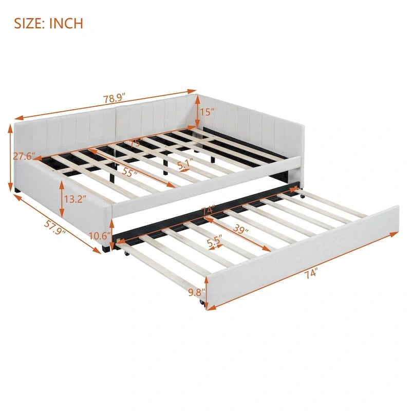 Letto da giorno imbottito Full Size con divano letto estraibile, senza bisogno di rete a molle, tessuto in lino, beige