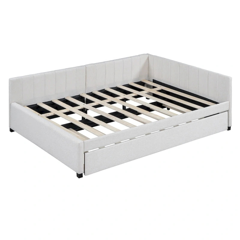 Letto da giorno imbottito Full Size con divano letto estraibile, senza bisogno di rete a molle, tessuto in lino, beige