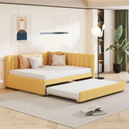 Letto da giorno imbottito Full Size con divano letto estraibile, senza bisogno di rete a molle, tessuto in lino, beige