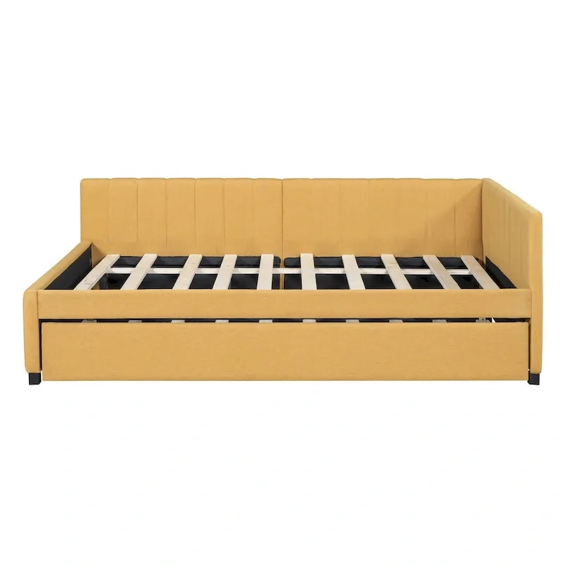 Letto da giorno imbottito Full Size con divano letto estraibile, senza bisogno di rete a molle, tessuto in lino, beige