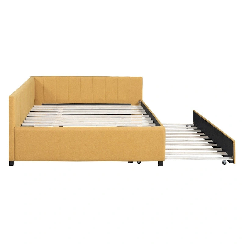 Letto da giorno imbottito Full Size con divano letto estraibile, senza bisogno di rete a molle, tessuto in lino, beige