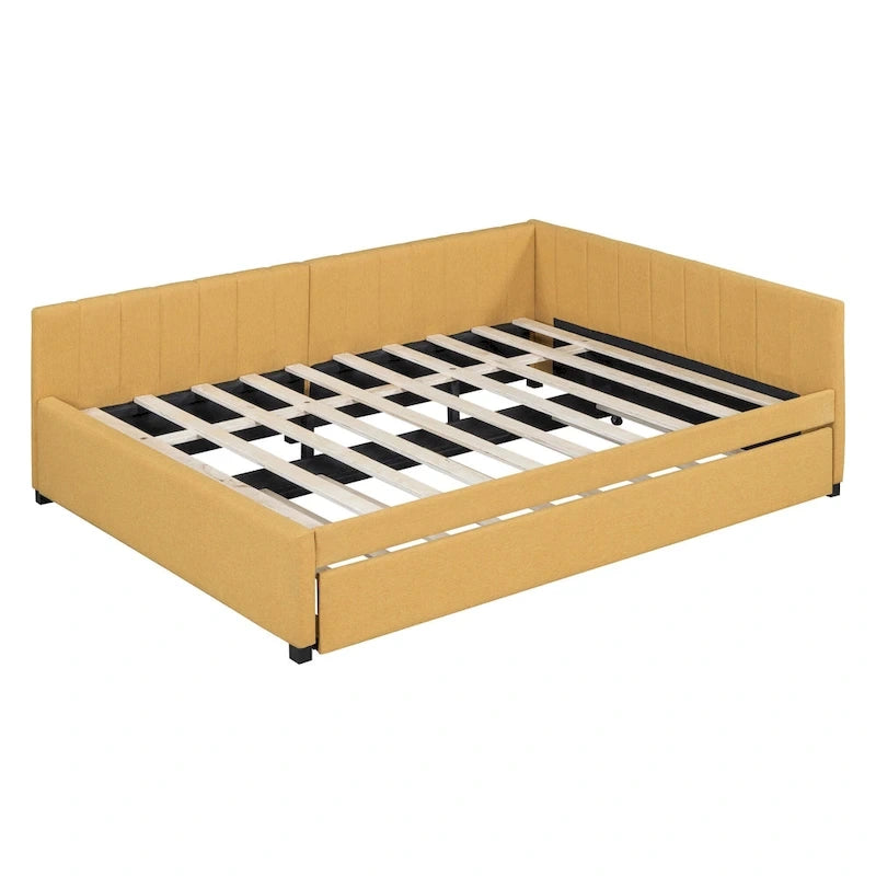 Letto da giorno imbottito Full Size con divano letto estraibile, senza bisogno di rete a molle, tessuto in lino, beige