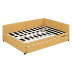 Letto da giorno imbottito Full Size con divano letto estraibile, senza bisogno di rete a molle, tessuto in lino, beige