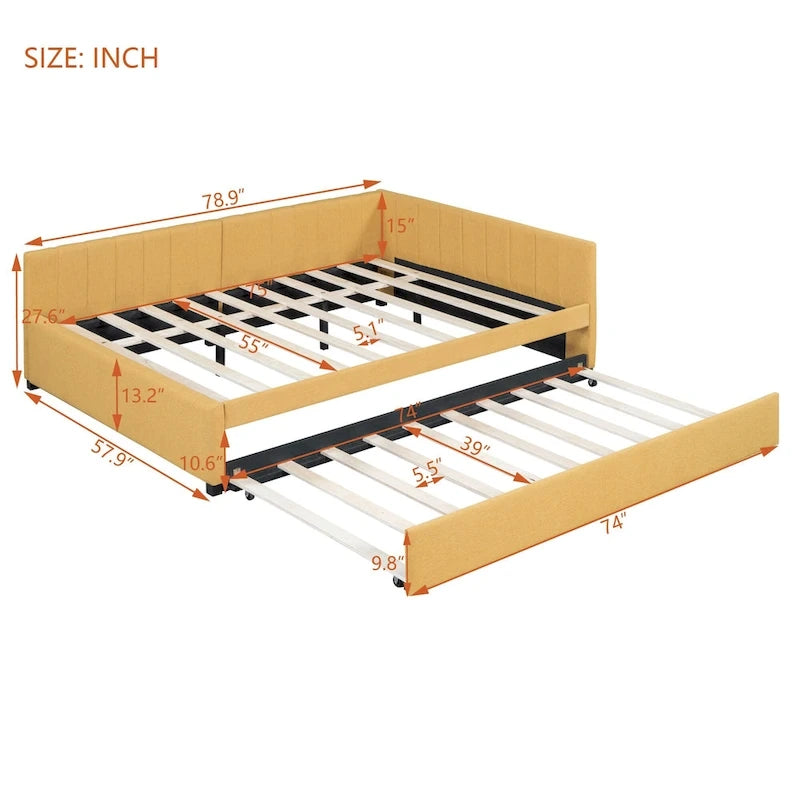 Letto da giorno imbottito Full Size con divano letto estraibile, senza bisogno di rete a molle, tessuto in lino, beige
