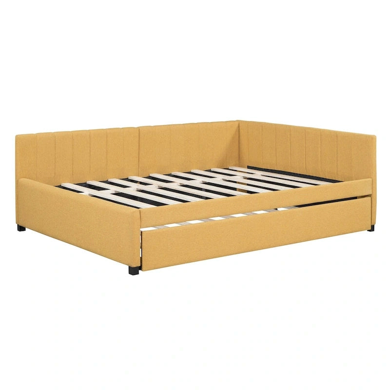 Letto da giorno imbottito Full Size con divano letto estraibile, senza bisogno di rete a molle, tessuto in lino, beige