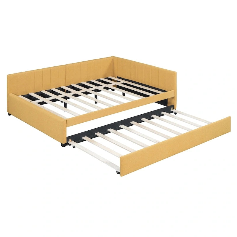 Letto da giorno imbottito Full Size con divano letto estraibile, senza bisogno di rete a molle, tessuto in lino, beige