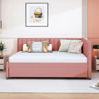 Letto da giorno imbottito Full Size con divano letto estraibile, senza bisogno di rete a molle, tessuto in lino, beige