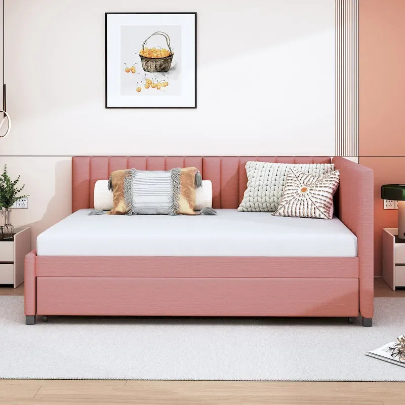 Letto da giorno imbottito Full Size con divano letto estraibile, senza bisogno di rete a molle, tessuto in lino, beige