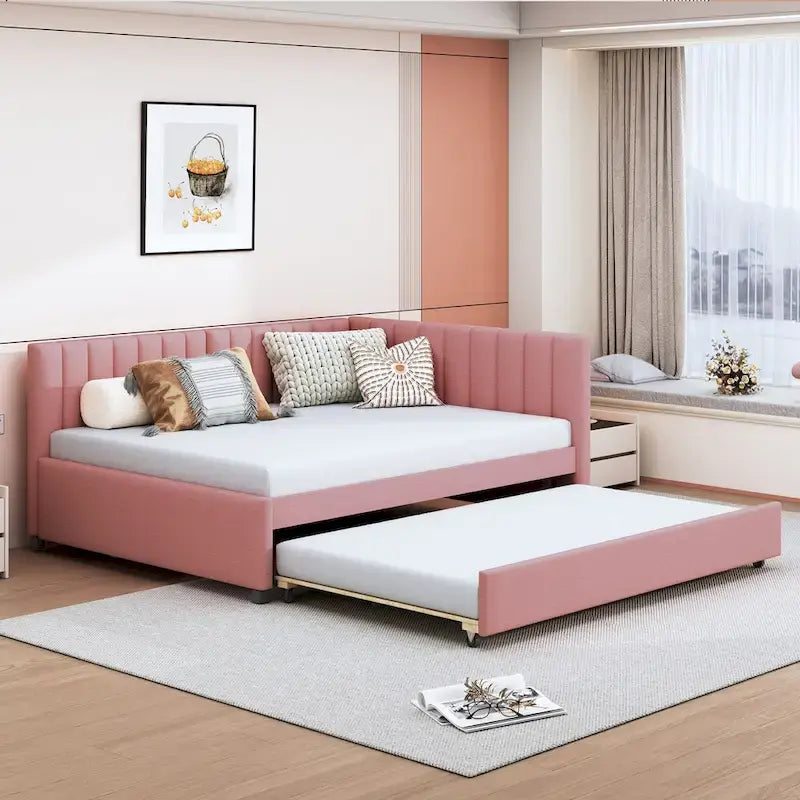 Letto da giorno imbottito Full Size con divano letto estraibile, senza bisogno di rete a molle, tessuto in lino, beige