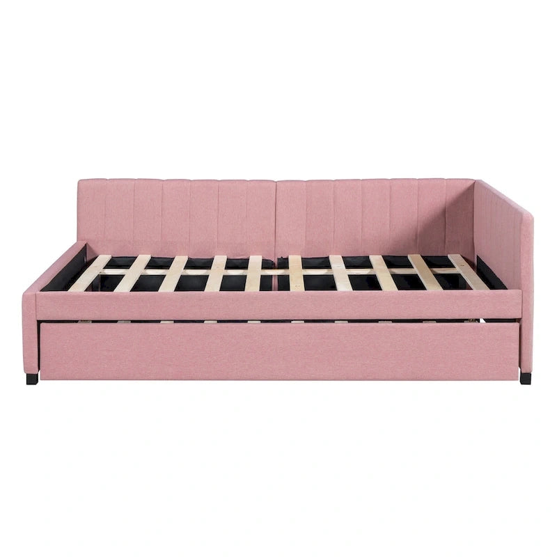 Letto da giorno imbottito Full Size con divano letto estraibile, senza bisogno di rete a molle, tessuto in lino, beige