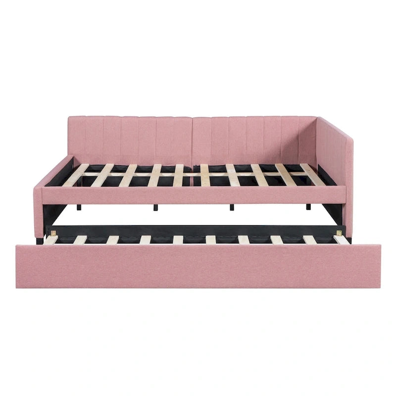 Letto da giorno imbottito Full Size con divano letto estraibile, senza bisogno di rete a molle, tessuto in lino, beige