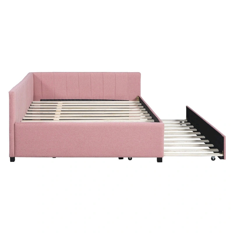 Letto da giorno imbottito Full Size con divano letto estraibile, senza bisogno di rete a molle, tessuto in lino, beige