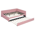 Letto da giorno imbottito Full Size con divano letto estraibile, senza bisogno di rete a molle, tessuto in lino, beige