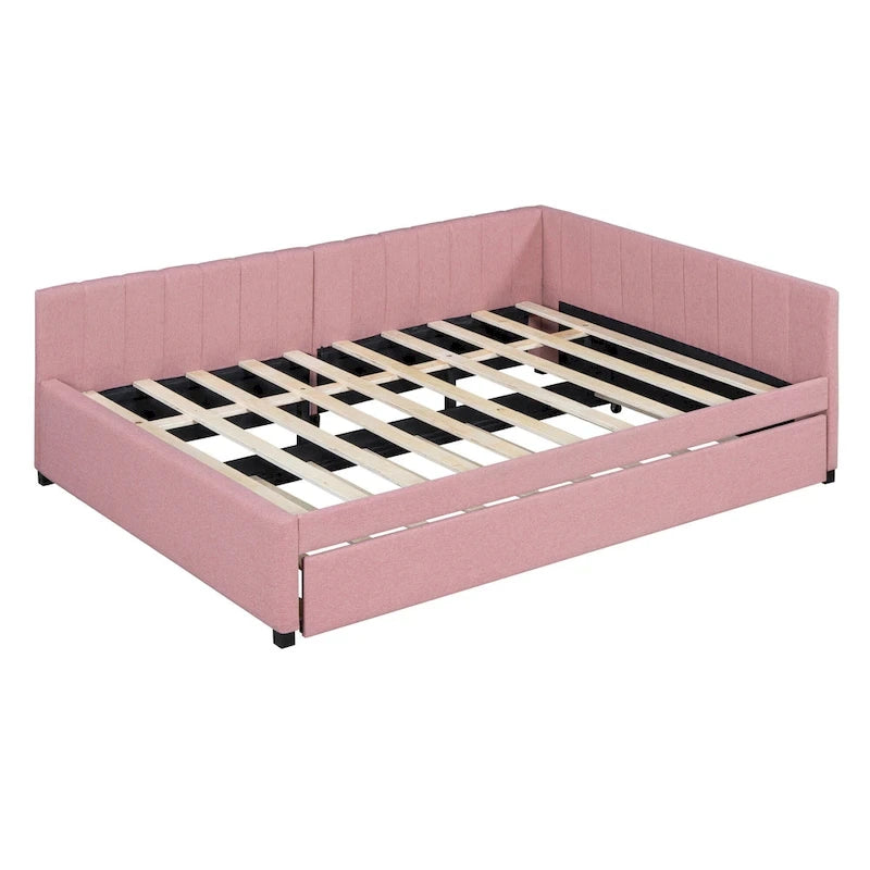Letto da giorno imbottito Full Size con divano letto estraibile, senza bisogno di rete a molle, tessuto in lino, beige