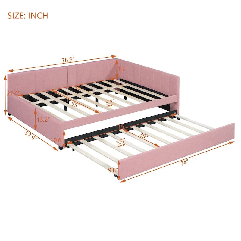 Letto da giorno imbottito Full Size con divano letto estraibile, senza bisogno di rete a molle, tessuto in lino, beige