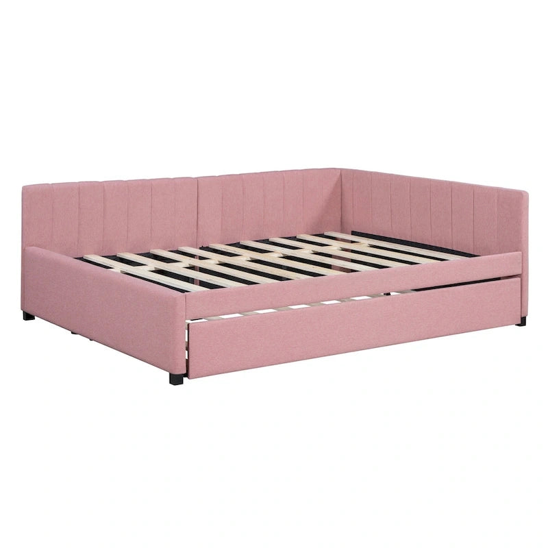 Letto da giorno imbottito Full Size con divano letto estraibile, senza bisogno di rete a molle, tessuto in lino, beige