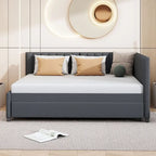 Letto da giorno imbottito Full Size con divano letto estraibile, senza bisogno di rete a molle, tessuto in lino, beige