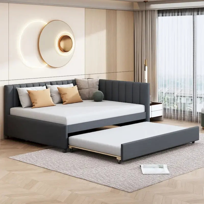 Letto da giorno imbottito Full Size con divano letto estraibile, senza bisogno di rete a molle, tessuto in lino, beige