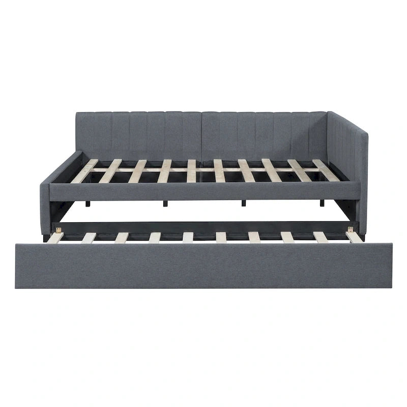 Letto da giorno imbottito Full Size con divano letto estraibile, senza bisogno di rete a molle, tessuto in lino, beige