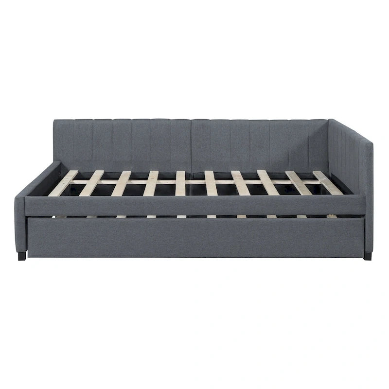 Letto da giorno imbottito Full Size con divano letto estraibile, senza bisogno di rete a molle, tessuto in lino, beige