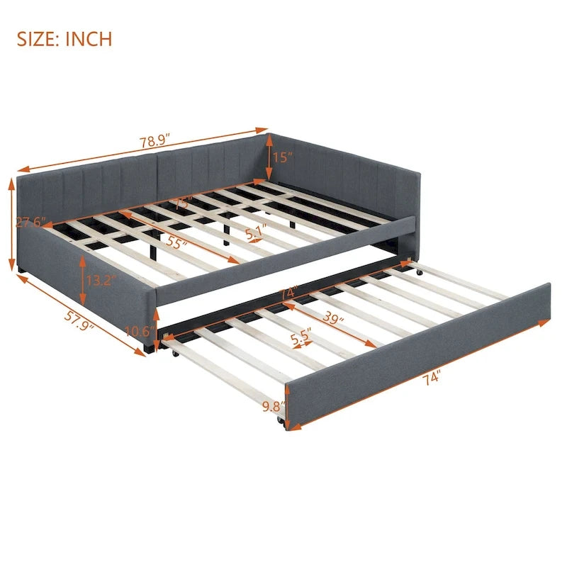 Letto da giorno imbottito Full Size con divano letto estraibile, senza bisogno di rete a molle, tessuto in lino, beige