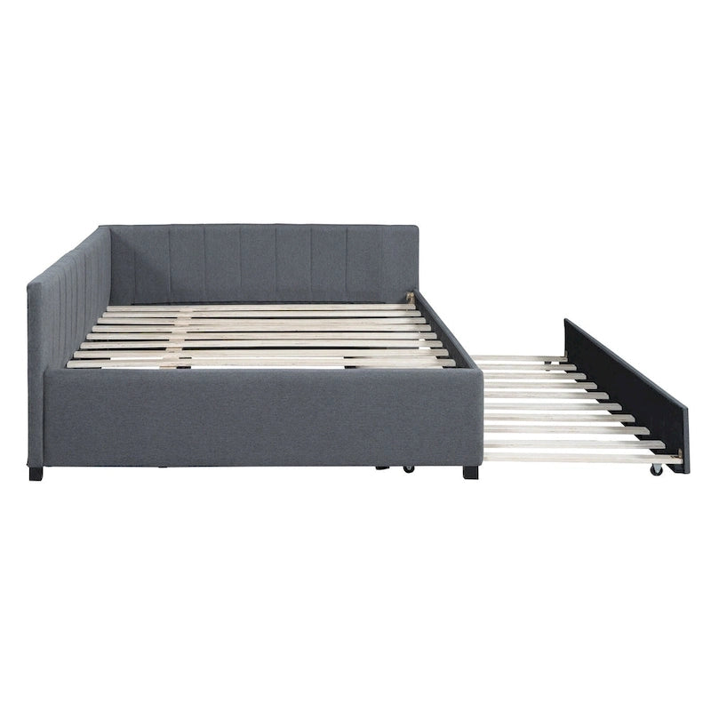 Letto da giorno imbottito Full Size con divano letto estraibile, senza bisogno di rete a molle, tessuto in lino, beige