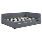 Letto da giorno imbottito Full Size con divano letto estraibile, senza bisogno di rete a molle, tessuto in lino, beige
