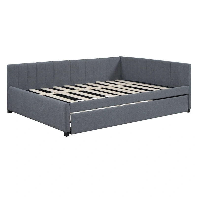 Letto da giorno imbottito Full Size con divano letto estraibile, senza bisogno di rete a molle, tessuto in lino, beige