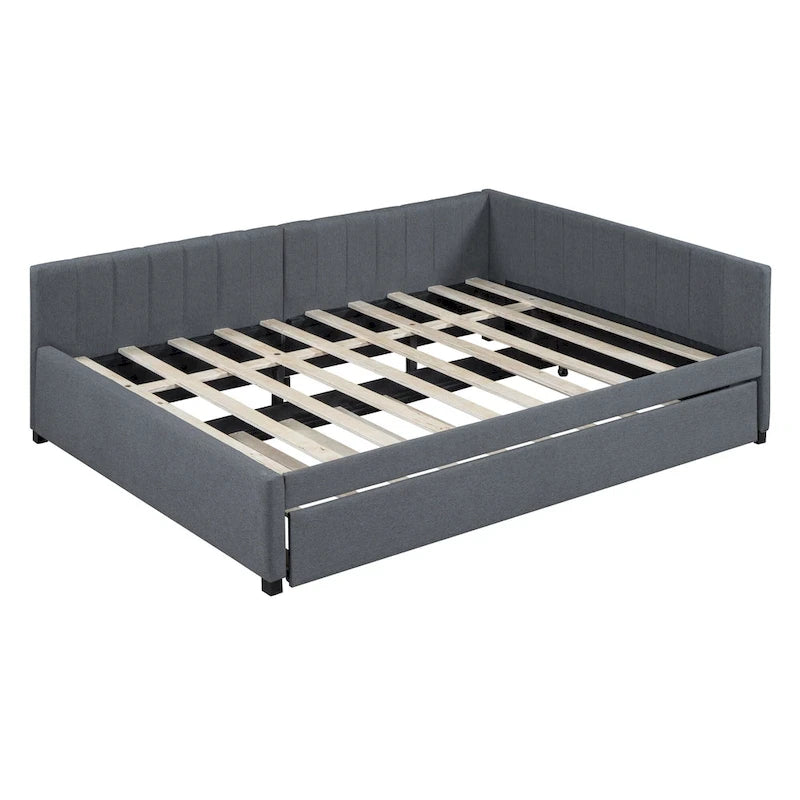 Letto da giorno imbottito Full Size con divano letto estraibile, senza bisogno di rete a molle, tessuto in lino, beige