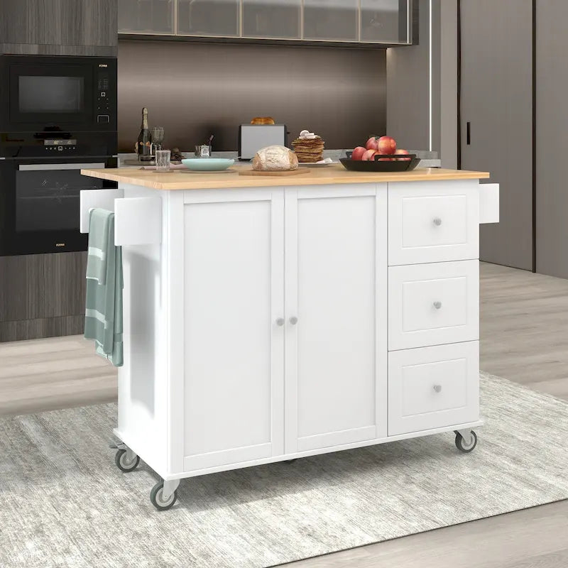 Isola Cucina Mobile con Piano in Legno Massello e Ruote Bloccabili