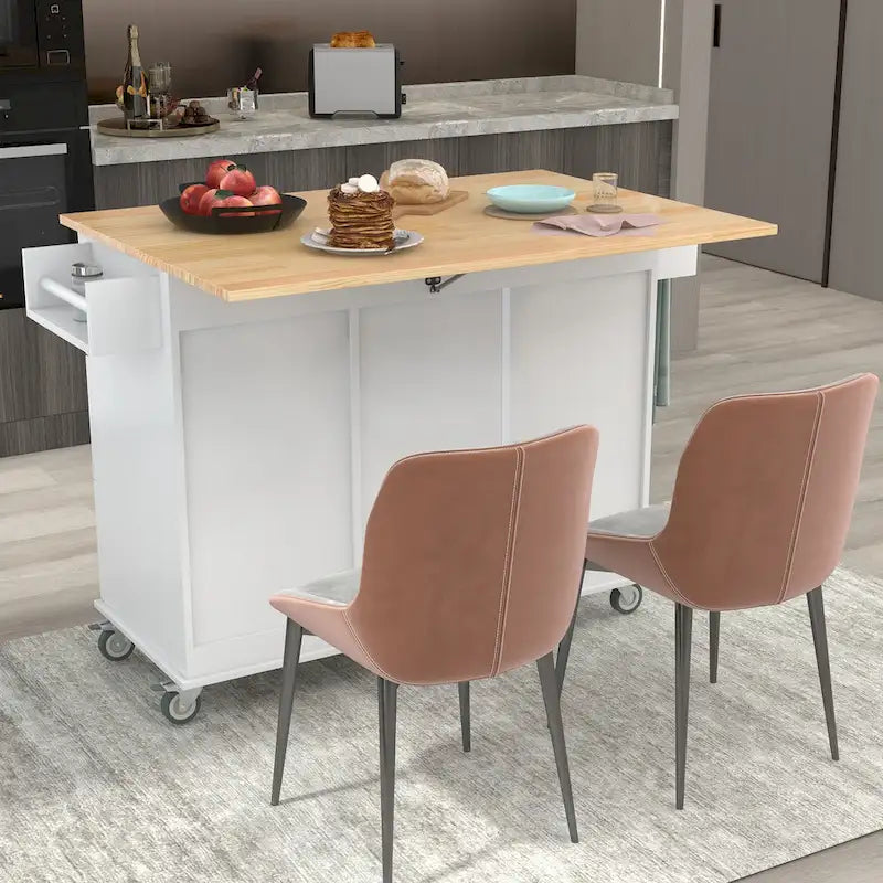 Isola Cucina Mobile con Piano in Legno Massello e Ruote Bloccabili