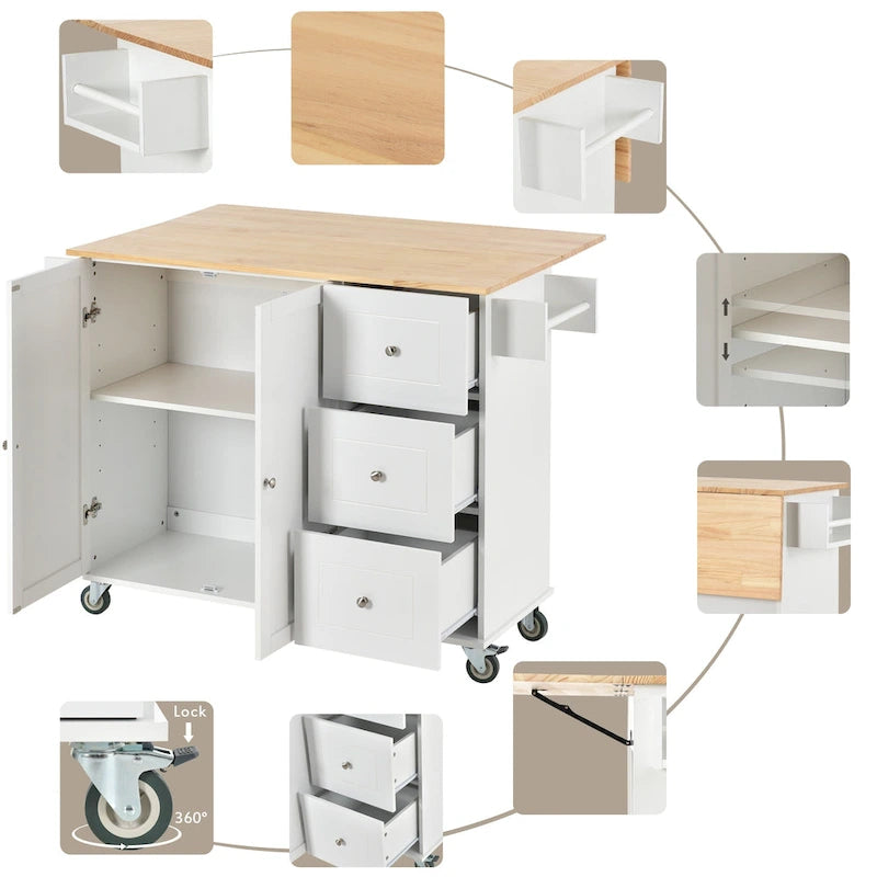 Isola Cucina Mobile con Piano in Legno Massello e Ruote Bloccabili