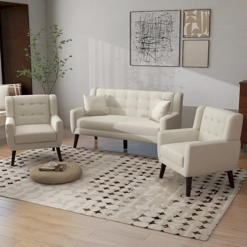 Divanetto capitonné in lino/cotone con 2 poltrone di accompagnamento