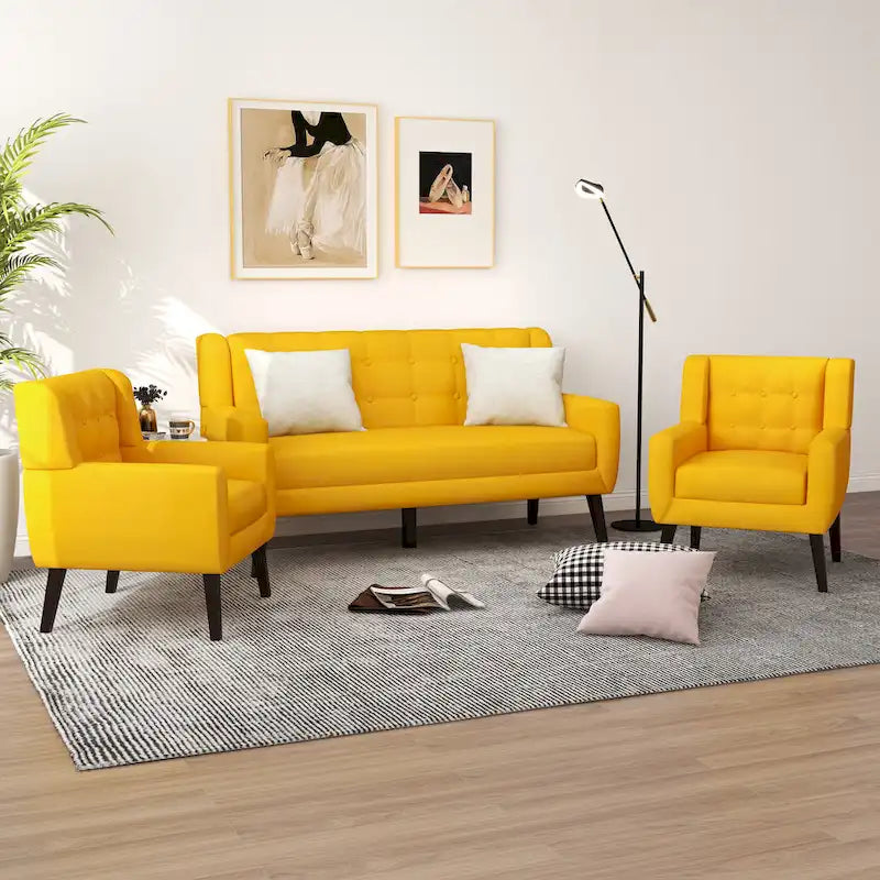 Divanetto capitonné in lino/cotone con 2 poltrone di accompagnamento