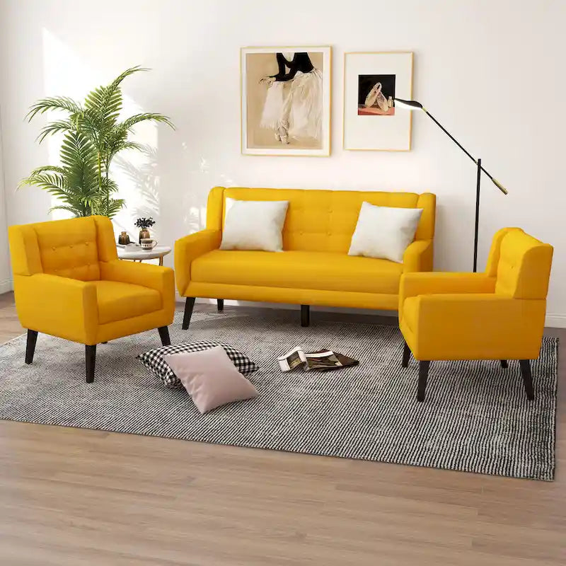 Divanetto capitonné in lino/cotone con 2 poltrone di accompagnamento
