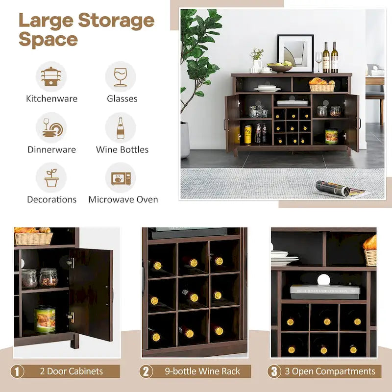 Credenza a Buffet con Vetrina Cucina e Portabottiglie Armadietti a 2 Ante
