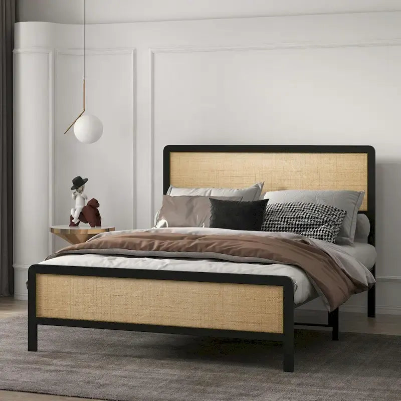 Struttura Letto con Testiera in Rattan, Nessuna Rete a Molle Necessaria