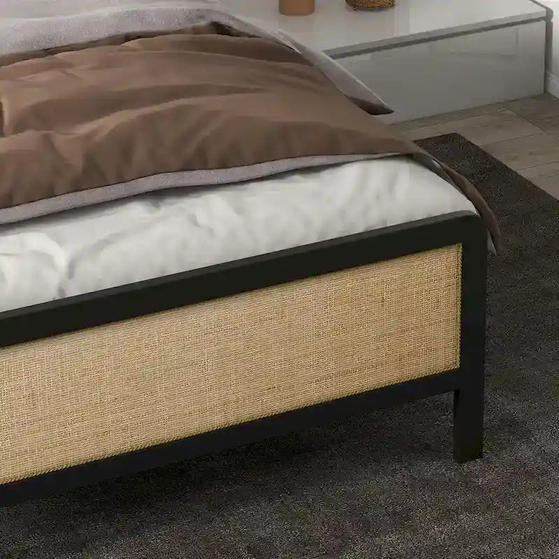 Struttura Letto con Testiera in Rattan, Nessuna Rete a Molle Necessaria