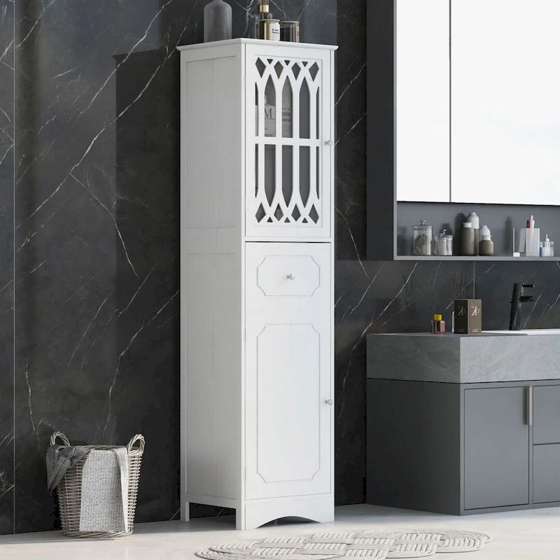 Mobiletto da bagno alto, Armadietto contenitore autoportante con cassetto e ante