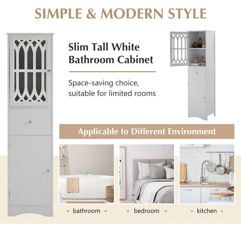 Mobiletto da bagno alto, Armadietto contenitore autoportante con cassetto e ante