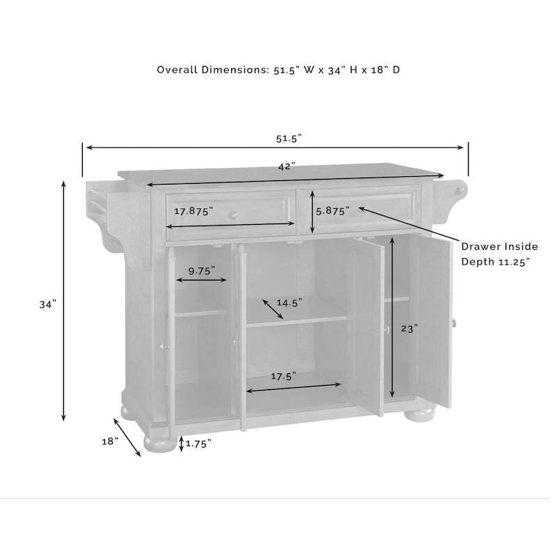 Isola/Carrello da Cucina Full Size con Piano in Granito - 52 L x 18 P x 34 H