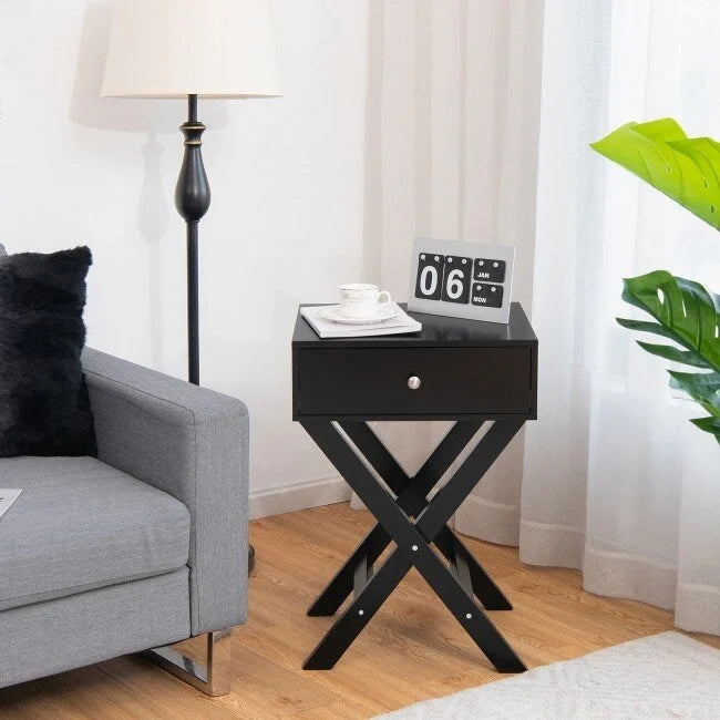 Comodino con cassetto e struttura laterale a X