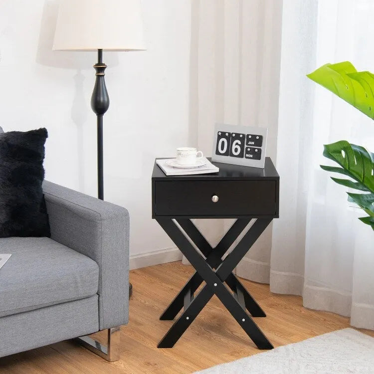 Comodino con cassetto e struttura laterale a X