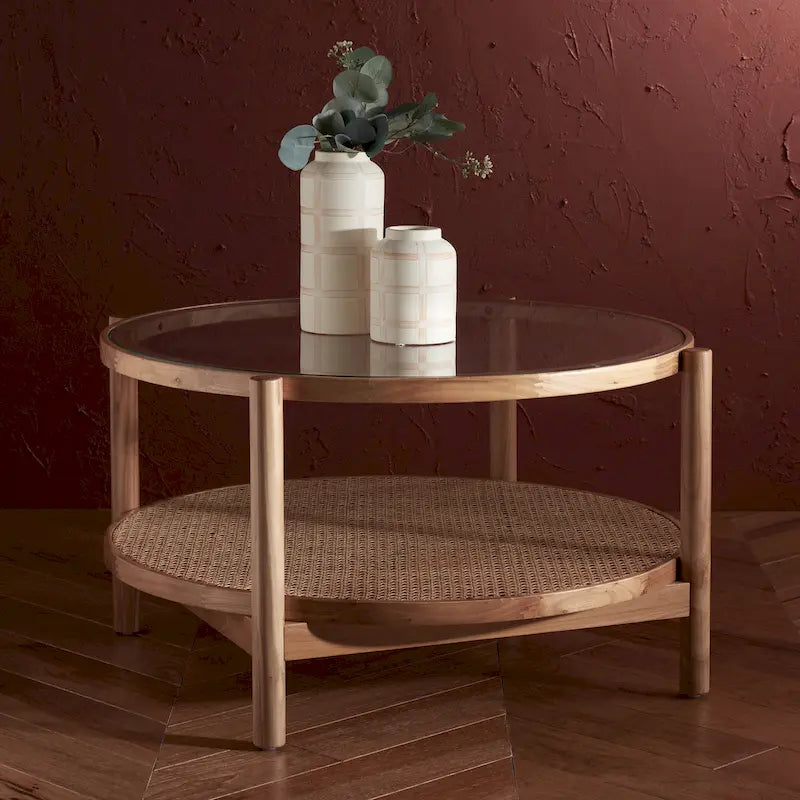 Tavolino da caffè a 2 ripiani Falak in rattan/vetro - 89 cm L x 89 cm P x 46 cm A
