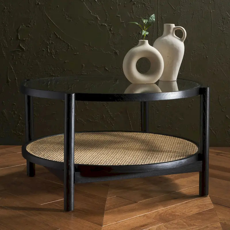 Tavolino da caffè a 2 ripiani Falak in rattan/vetro - 89 cm L x 89 cm P x 46 cm A