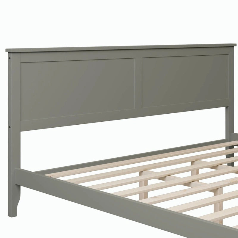 Letto a piattaforma king-size in legno con testiera e pediera, supporto con doghe in legno