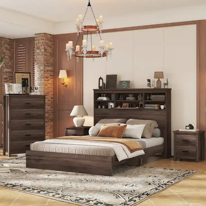 Camera da letto matrimoniale, struttura letto vintage in legno con 2 comodini e 1 cassettiera