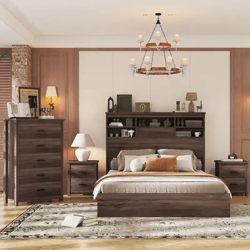 Camera da letto matrimoniale, struttura letto vintage in legno con 2 comodini e 1 cassettiera